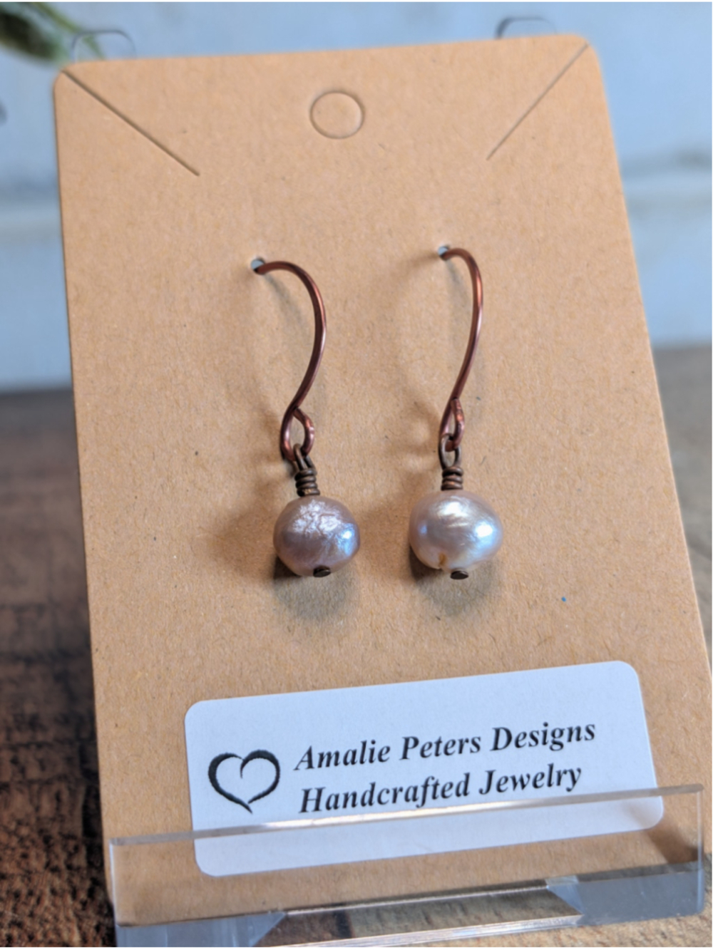 NEW Artisan Copper Hand Wire Wrapped Dainty Drop Pearl Lavender Dangle Earrings - Picture 4 of 6